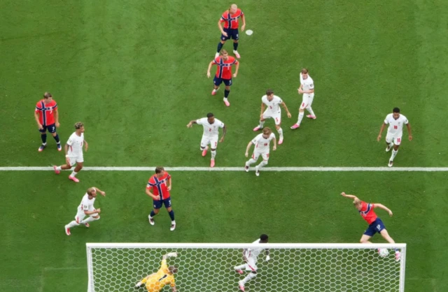 Norway's Torbjorn Heggem scores a goal that was later disallowed