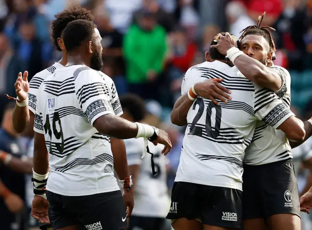 Fiji celebrate victory in 2023 at Twickenham