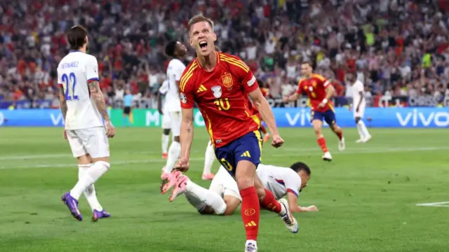Dani Olmo of Spain celebrates scoring his team's second goal during the UEFA EURO 2024 Semi-Final match between Spain and France at Munich Football Arena on July 09, 2024 in Munich, Germany.