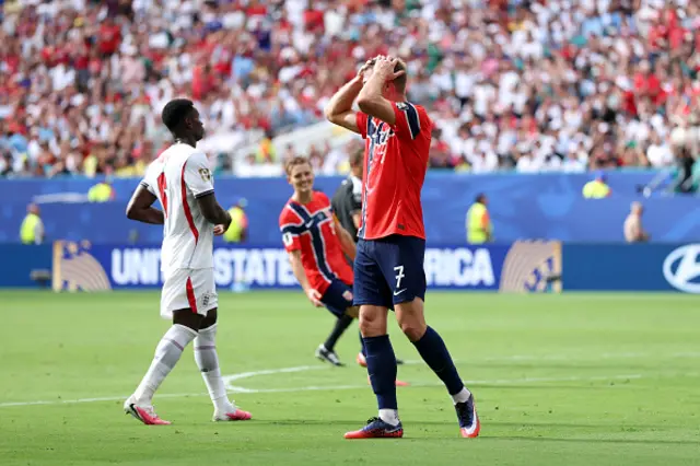 Alexander Sorloth #7 of Norway reacts