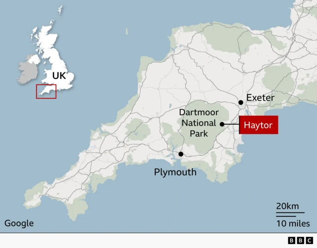 A graphic shows a map of Devon and Cornwall and has signposted Dartmoor National Park, Plymouth and Exeter. Haytor has been highlighted in red on the eastern edge of the national park