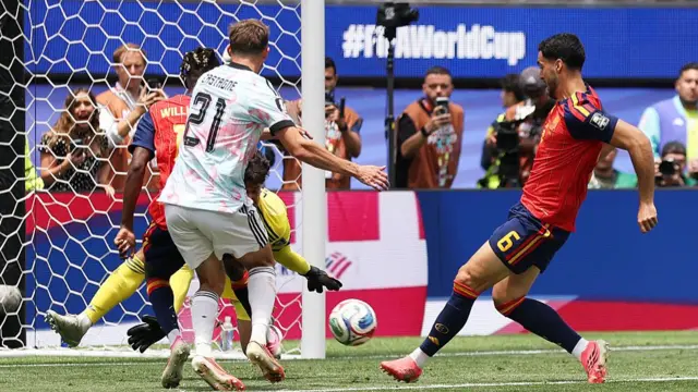 Mikel Merino scores for Spain against Belgium