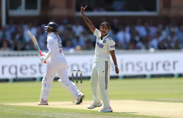 England batter Sophie Ecclestone is dismissed by Sayali Satghare