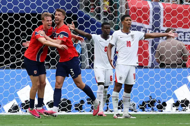 Torbjorn Heggem #17 of Norway celebrates with teammates
