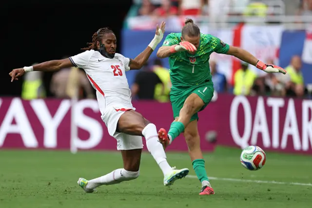 Orjan Nyland #1 of Norway clears the ball against Djed Spence