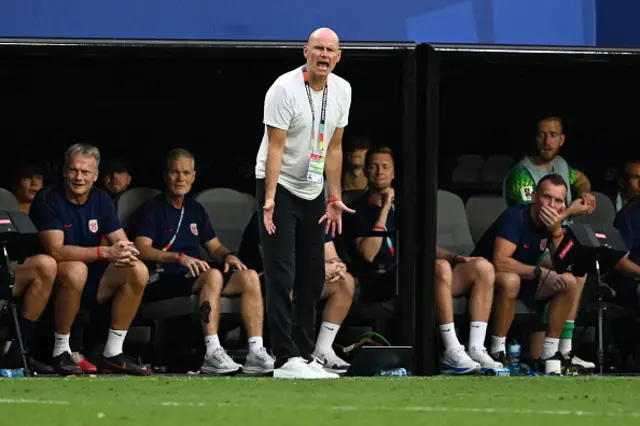 Norway's head coach Staale Solbakken gestures on the touchline