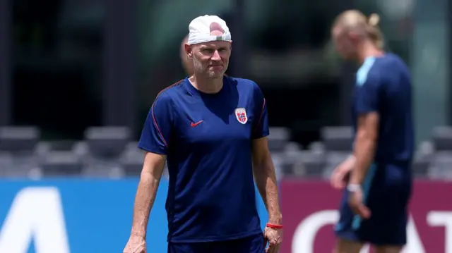: Stale Solbakken, Head Coach of Norway, attends a training session one day ahead of the FIFA World Cup 2026 Quarter Final match at Inter Miami CF Training Facility on July 10, 2026 in Miami, Florida
