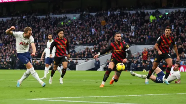 Harry Kane scores for Tottenham against Manchester City in February 2023