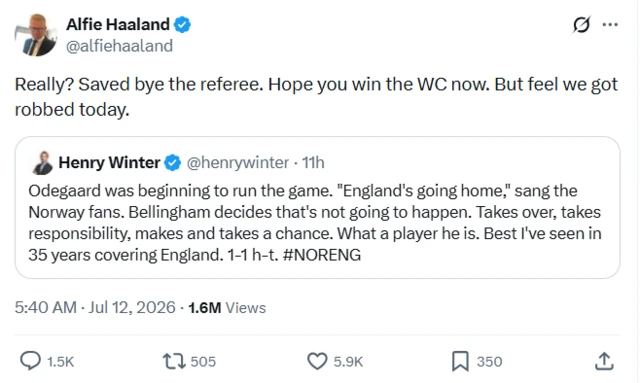 Tweet by Alfie Haaland which says: "Saved bye [sic] the referee. Hope you win the WC now. But feel we got robbed today."