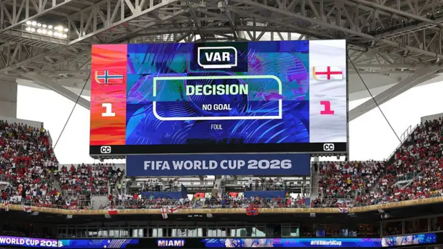 A general view as the screen shows a VAR review on the second goal by Torbjorn Heggem #17 of Norway during the FIFA World Cup 2026 Quarter Final match between Norway and England at Miami Stadium on July 11, 2026 in Miami Gardens, Florida. The goal was overturned