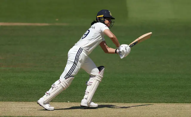 : India batter Yastika Bhatia in batting action during day three of the 1st Women's Rothesay Test Match between England and India at Lord's Cricket Ground