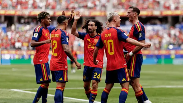 Fabian Ruiz of Spain celebrates 1-0 with Lamine Yamal of Spain, Pedro Porro of Spain, Marc Cucurella of Spain, Dani Olmo of Spain during the World Cup match between Spain v Belgium at the Los Angeles Stadium on July 10, 2026 in Los Angeles United States
