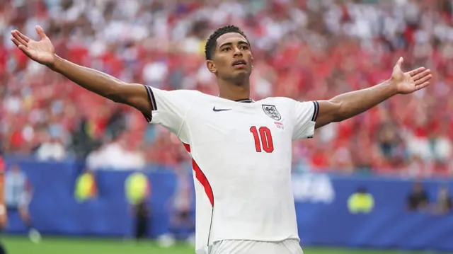 Jude Bellingham #10 of England celebrates scoring his team's second goal during the FIFA World Cup 2026 Quarter Final match between Norway and England at Miami Stadium on July 11, 2026 in Miami Gardens, Florida. (
