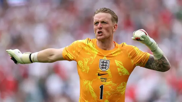 Jordan Pickford #1 of England celebrates the team's second goal by Jude Bellingham #10 during the FIFA World Cup 2026 Quarter Final match between Norway and England at Miami Stadium on July 11, 2026 in Miami Gardens, Florida