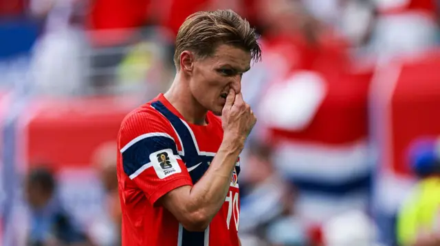 Martin Odegaard of Norway looks on during the FIFA World Cup 2026 Quarter Final match between Norway and England at Miami Stadium on July 11, 2026 in Miami Gardens, Florida.