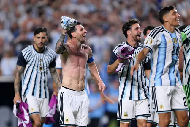 Lionel Messi and teammates applaud fans