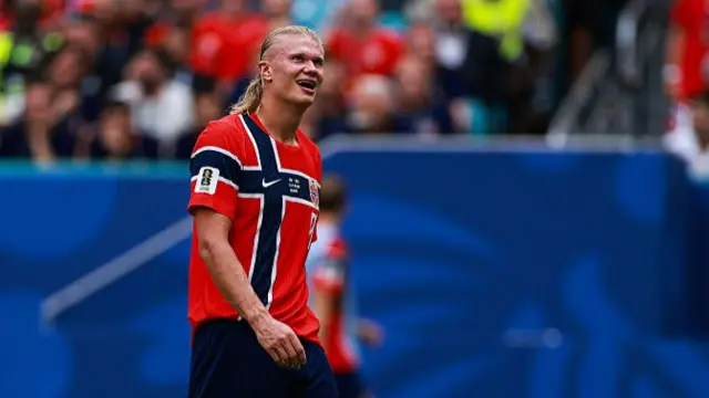 Erling Haaland of Norway in action during the FIFA World Cup 2026 Quarter Final match between Norway and England at Miami Stadium on July 11, 2026 in Miami Gardens, Florida.