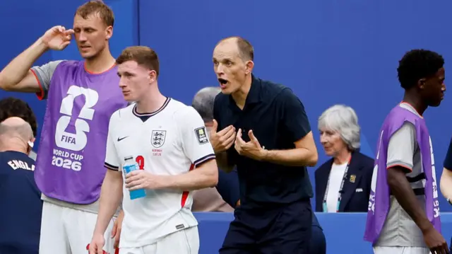 Coach of England Thomas Tuchel during the FIFA World Cup 2026 Quarter Final football match between Norway and England at Miami Stadium on July 11, 2026 in Miami Gardens, Florida.