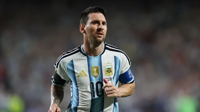 Lionel Messi #10 of Argentina gestures during the FIFA World Cup 2026 Quarter Final match between Argentina and Switzerland at Kansas City Stadium on July 11, 2026 in Kansas City, Missouri.