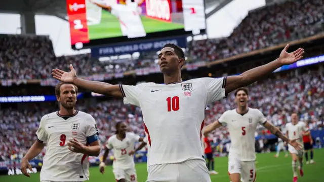 Jude Bellingham of England celebrates after scoring a goal during the FIFA World Cup 2026 quarter final football match between Norway and England. England won 2-1 over Norway after extra time