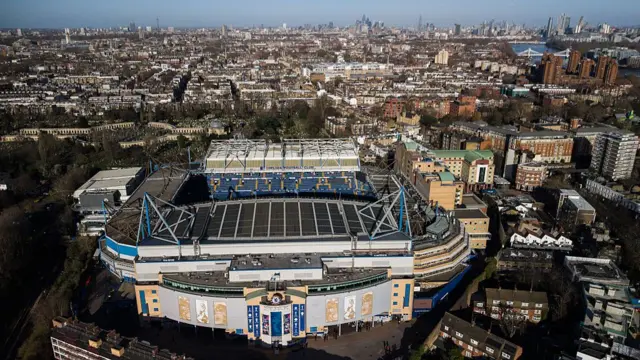 An aerial view of Stamford Bridge prior to the UEFA Champions League 2025/26 Round of 16 Second Leg match between Chelsea FC and Paris Saint-Germain FC at Stamford Bridge on March 17, 2026 in London, England