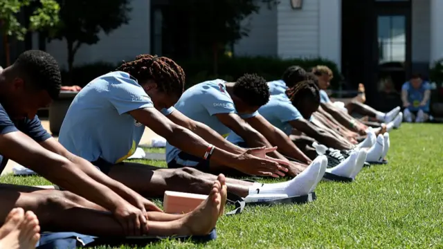 Djed Spence #25 of England participates in a recovery session during the England World Cup 2026 Camp on July 12, 2026 in Kansas City, Kansas