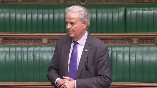 Julian Lewis wears a grey shirt and purple tie and stands in the House of Commons