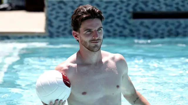 Declan Rice #4 of England in the pool during a recovery day during the England World Cup 2026 Camp on July 12, 2026 in Kansas City, Kansas.