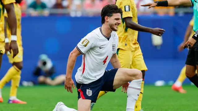 England midfielder Declan Rice reacts after missing a chance during a 2026 FIFA World Cup Group L match at Gillette Stadium on June 23, 2026