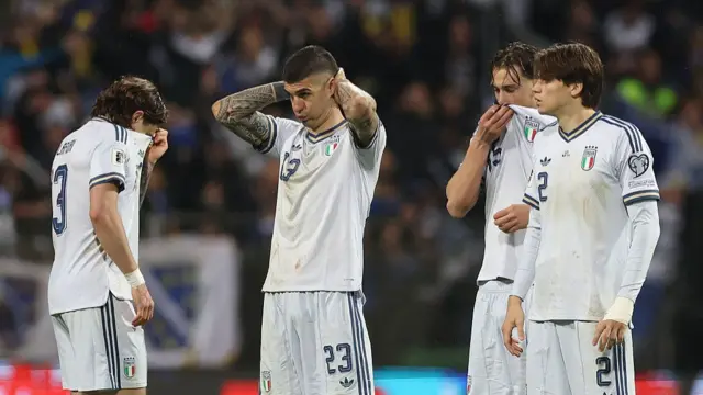 Players of Italy reacts at the end of the FIFA World Cup 2026 European Qualifiers KO play-offs match between Bosnia & Herzegovina and Italy at Stadion Bilino Polje on March 31, 2026 in Zenica, Bosnia and Herzegovina