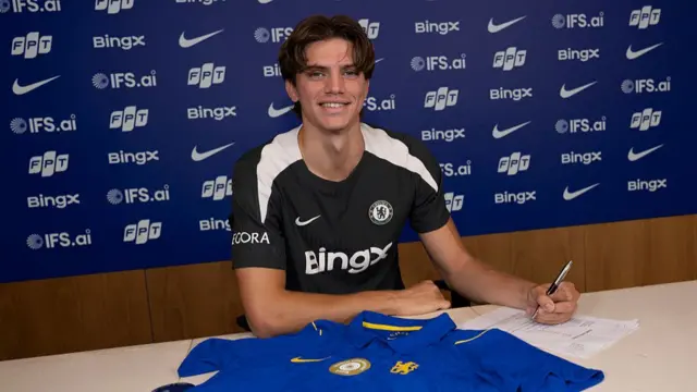 Chelsea Unveil New Signing Marco Palestra at Chelsea Training Ground on July 1, 2026 in Cobham, England