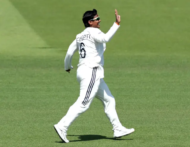 India's Deepti Sharma celebrates after bowling out England's Lauren Bell during day four of the first Women's Rothesay Test at Lord's Cricket Ground, London