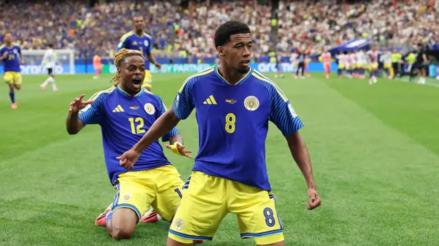 Livano Comenencia #8 of Curacao celebrates scoring his team's first goal during the FIFA World Cup 2026 Group E match between Germany and Curacao at Houston Stadium on June 14, 2026 in Houston, Texas