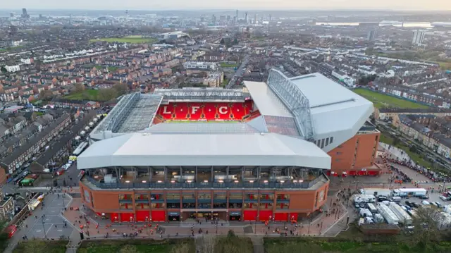 A general aerial view (GV) ahead of the UEFA Champions League 2025/26 Round of 16 Second Leg match between Liverpool FC and Galatasaray SK at Anfield on March 18, 2026 in Liverpool, United Kingdom