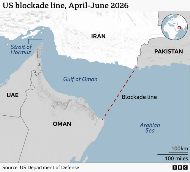 A map showing a line stretching from the coast of Oman to the Iran-Pakistan border which the US military termed its blockade line. It said non-Iranian linked ships would be able to cross freely but those linked to Iran could be intercepted or ordered to turn back.