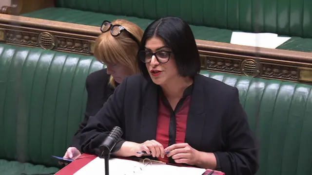Shabana Mahmood stands at the dispatch box in the Commons wearing a red blouse and a black jacket