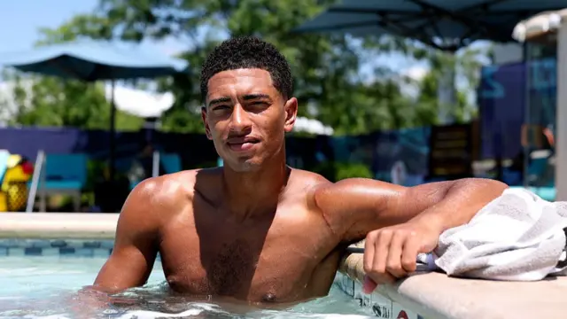 Jude Bellingham #10 of England in the pool during a recovery day during the England World Cup 2026 Camp on July 12, 2026 in Kansas City, Kansas.