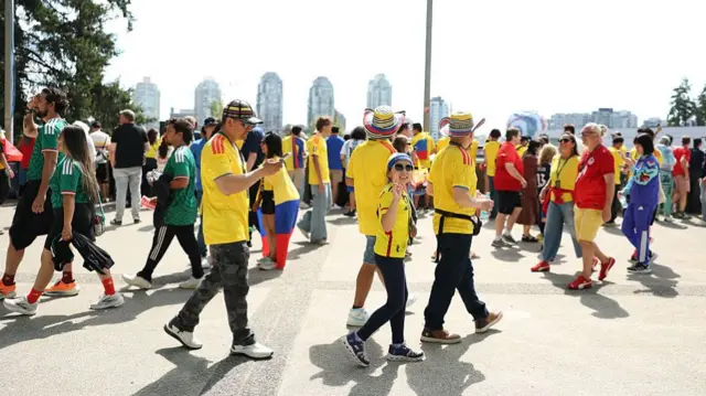 Fans of Colombia make their way to the stadium before the FIFA World Cup 2026 Round Of 16 match between Switzerland and Colombia at BC Place Vancouver on July 07, 2026 in Vancouver, British Columbia