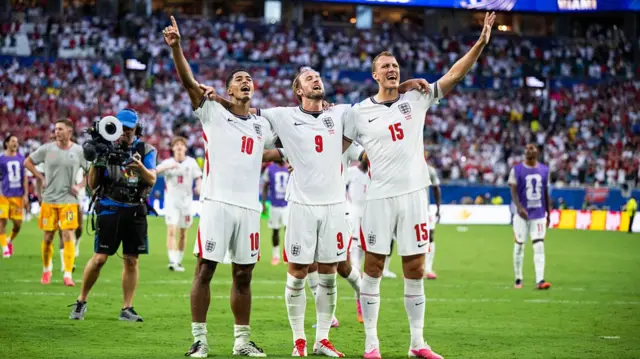 Jude Bellingham, Harry Kane and Dan Burn (L-R) of England celebrate the victory after the FIFA World Cup 2026 Quarter Final match between Norway and England at Miami Stadium on July 11, 2026 in Miami Gardens, Florida