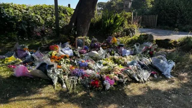 Dozens of bunches of flowers piled up on the side of a road under a tree
