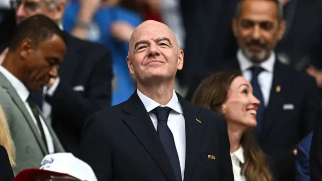 Gianni Infantino president of Fifa looks during the FIFA World Cup 2026 Quarter Final match between Norway and England at Miami Stadium on July 11, 2026 in Miami Gardens, Florida.