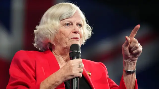 Ann Widdecombe pictured at Reform UK conference in 2024 wearing red blazer and speaking into microphone