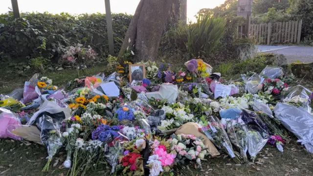 Piles of flowers on grass by a tree