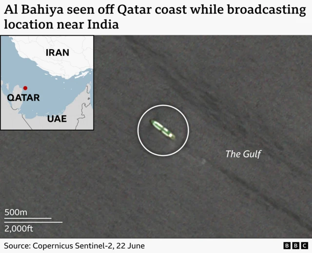 Satellite image of a ship at sea with a map showing its location