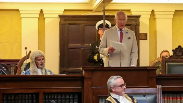 King Charles III, Lord of Mann, addresses a special sitting of the Tynwald Parliament in Douglas, during his trip to the Isle of Man.