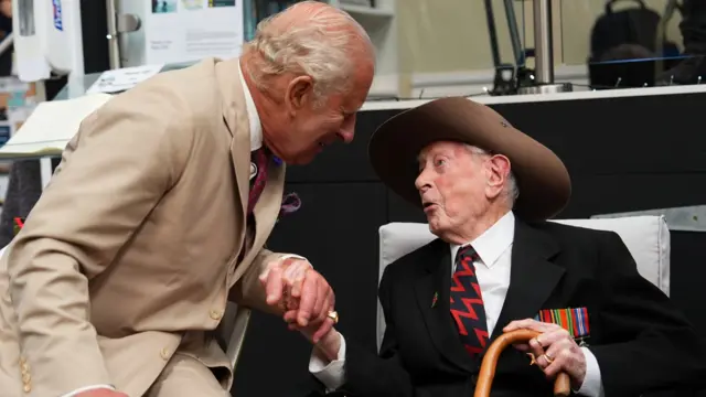 King Charles III, Lord of Mann, meets Burma veteran James Fenton,