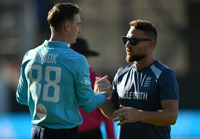 England skipper Harry Brook talking to Brendon McCullum afterwards