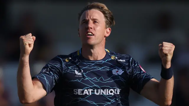 Logan van Beek celebrates wicket