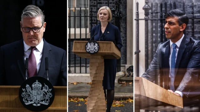 A composite image of Keir Starmer, Liz Truss and Rishi Sunak giving their resignation speeches at the lectern outside No 10