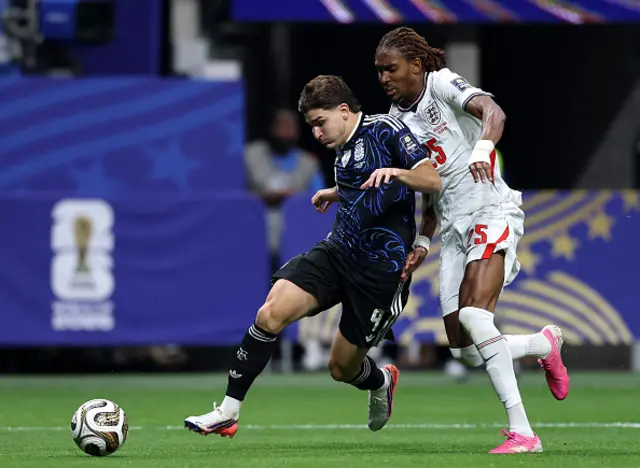 Julian Alvarez #9 of Argentina controls the ball against Djed Spence